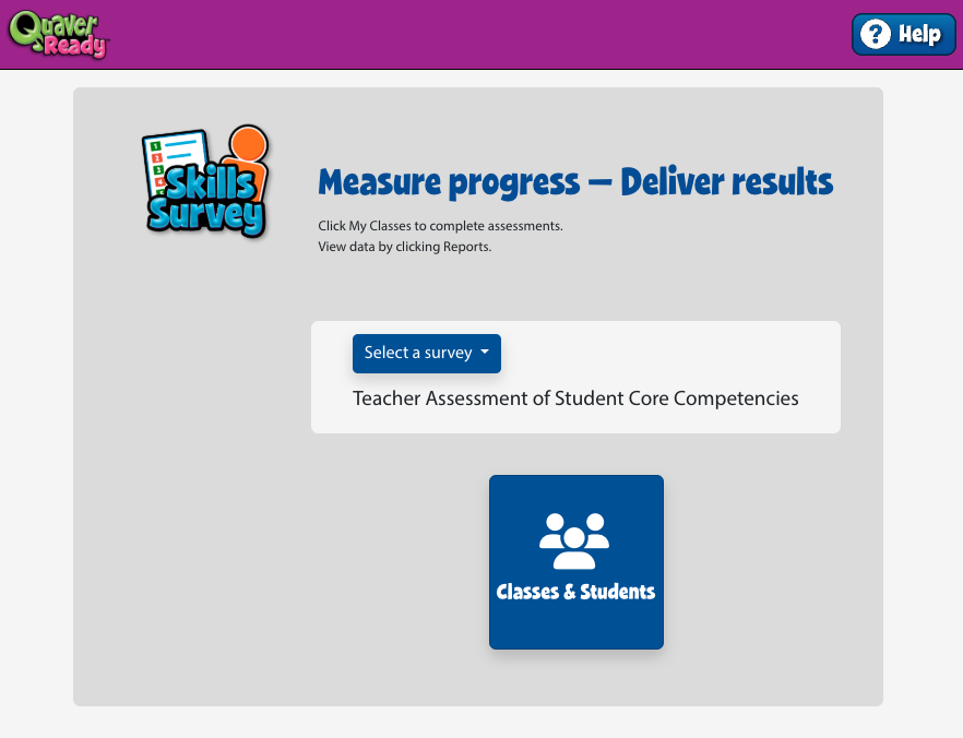 A screenshot of the Skills Survey page, with the Teacher Assessment of Student Core Competencies option selected.